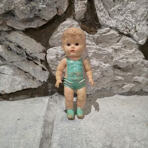 Vintage 1950’s 10” Doll With Squeaker Blue Bathing Suit - The Sun Rubber Company